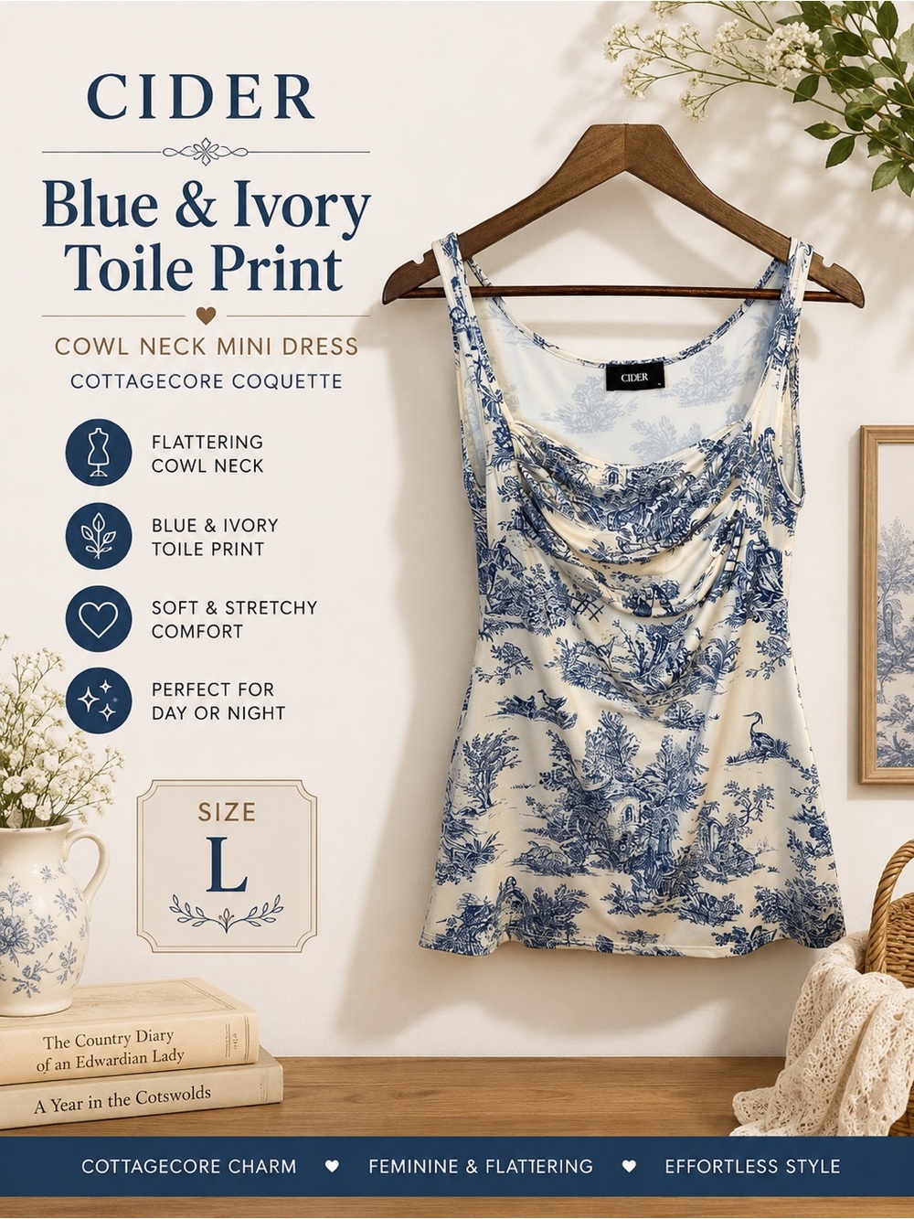 Cider Blue & Ivory Toile Print Cowl Neck Mini Dress Size L Cottagecore Coquette